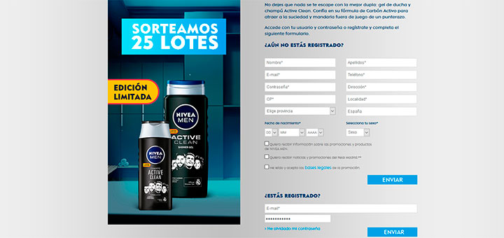 Nivea sortea 25 lotes de gel de ducha y champú Active Clean