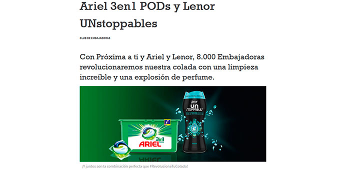 Proxima a ti busca 8.000 embajadoras con Ariel y Lenor