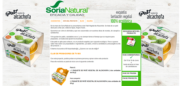 Prueba gratis Paté Vegetal de Alcachofa Soria Natural con Tv Bio