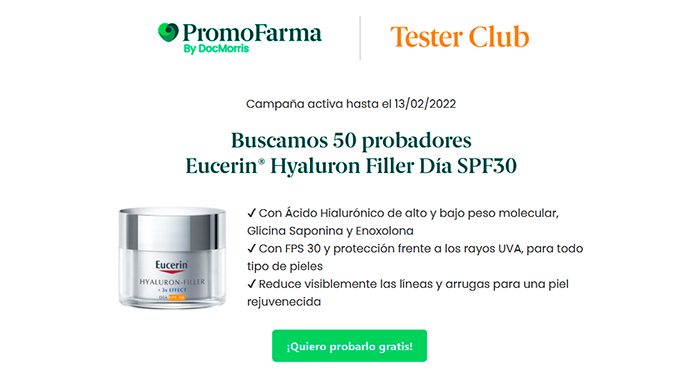 Promofarma busca 50 probadores Eucerin Hyaluron Filler Día SPF30